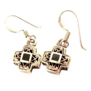 Black Enamel Sterling Silver Open Metal Work Filigree Cross Dangle Earrings*925